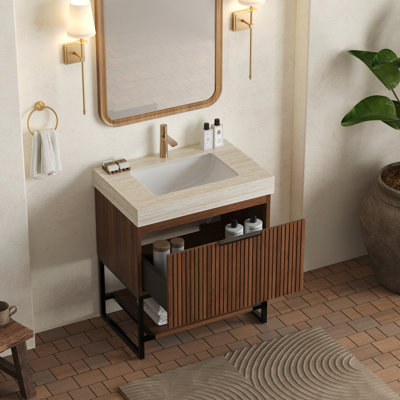 Meuble-lavabo autoportant de 30 po avec tablette ouverte avec tiroir de rangement en contreplaqué rayé, motif en pierre frittée, lavabo en céramique encastré, aspect noyer foncé, attrait pré-assemblé