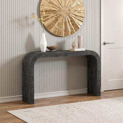 52" Rustic Farmhouse Black Console Table with Curved Edge - Natural Wood Grain Entryway Sofa Table