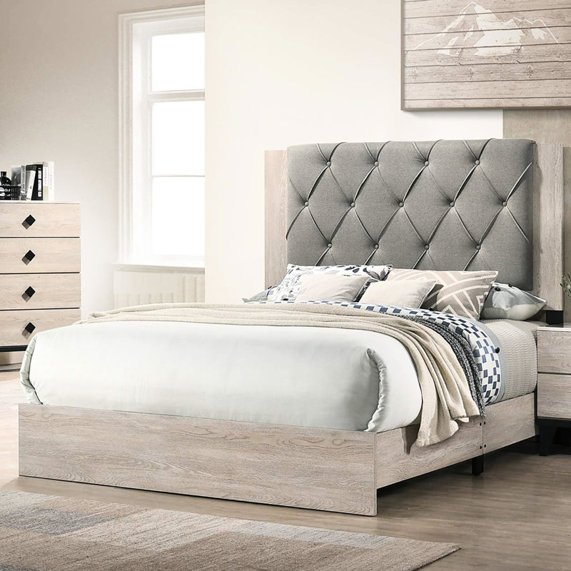 Grand lit avec accents crème et gris, tête de lit, lit en bois d'hévéa, gris, structure robuste, Crème/gris