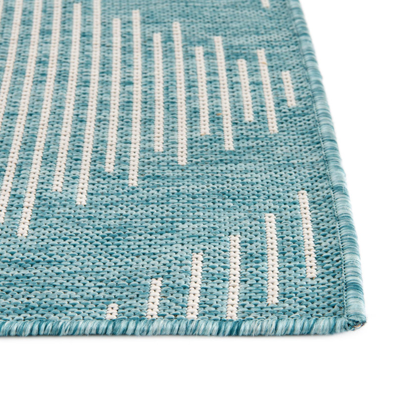 Tapis rayé en polypropylène tissé à la machine intérieur / extérieur gris / bleu, Rond 3 pi 1 po