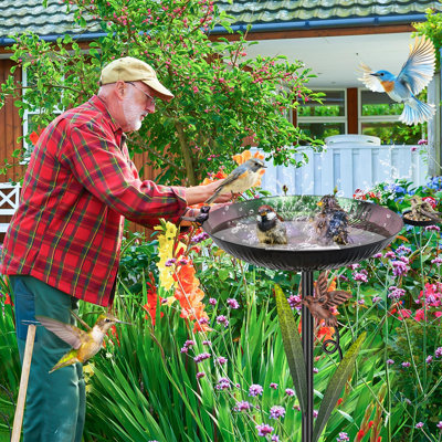 Metal Bird Bath,41.5" with Bowl & Decorative Birds,(Red+Yellow)