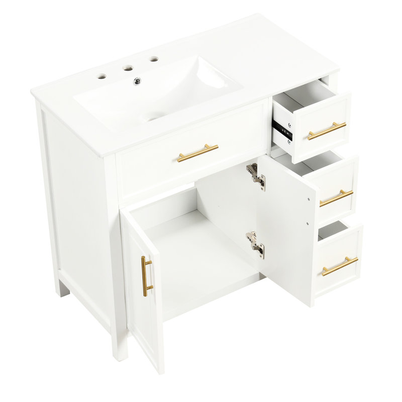 Meuble-lavabo 36 po avec lavabo en céramique, blanc, 2 portes, 3 tiroirs, armoire de rangement - planches, peint en blanc, deux cuves à gauche
