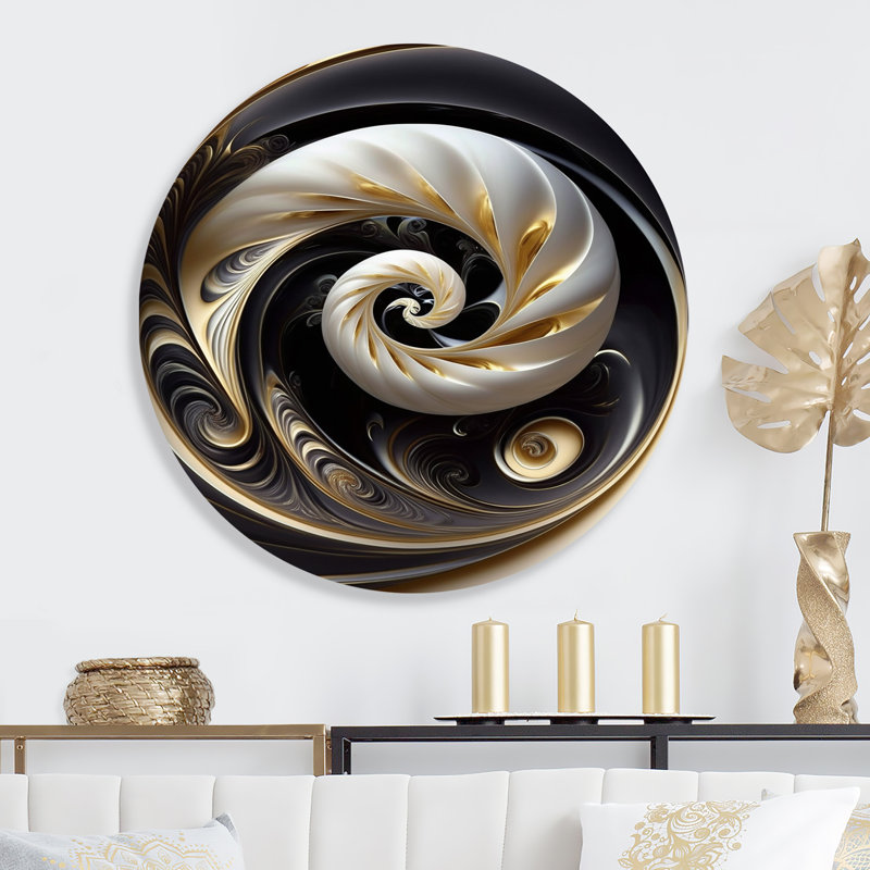 Vitrail doré noir et blanc V - spirales abstraites, art mural rond sur métal, L 23 po x H 23 po