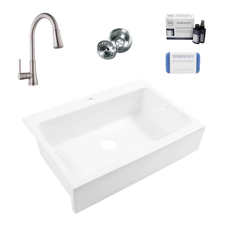 Parker Fireclay 34" Single Bowl Quick-Fit Farmhouse Apron Front Drop-in Kitchen Sink with Pfirst Faucet Kit
