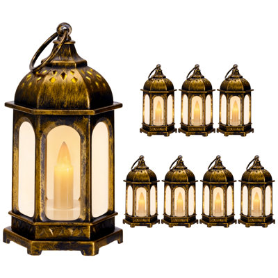 Lot de 8 mini lanternes marocaines suspendues avec lumières DEL, bronze brossé