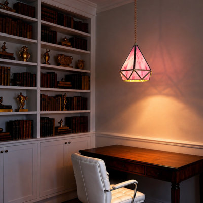  Pink Single Pendant Light, Diamond Shade Hanging Light With 3-Color Led Bulb
