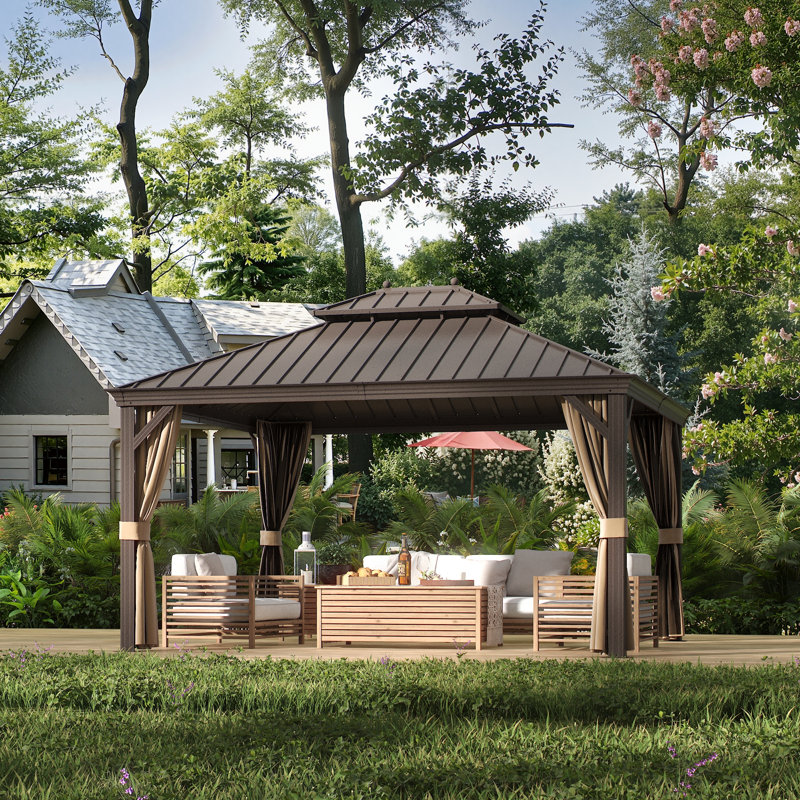 12X14FT Outdoor Hardtop Gazebo with Double Galvanized Steel Roof, Built-In Hooks & Anchored Base for Garden, Patio & Backyard