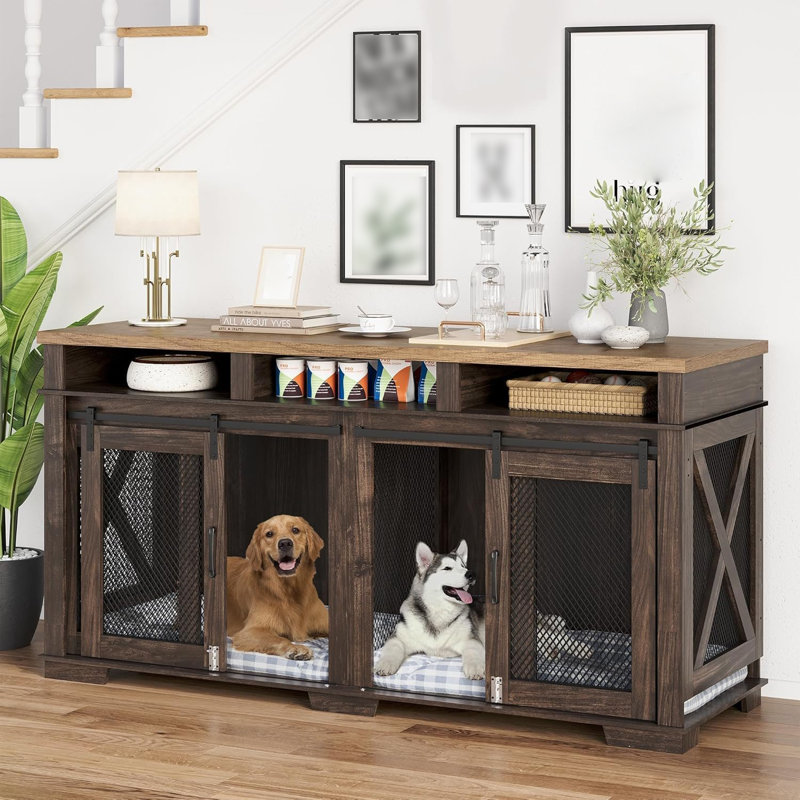 Dog Crate Furniture for 2 Dogs, 71"W Large Chew-Resistant Dog Kennel with Removable Divider, Decorative TV Stand Side Table, Indoor Pet Cage House