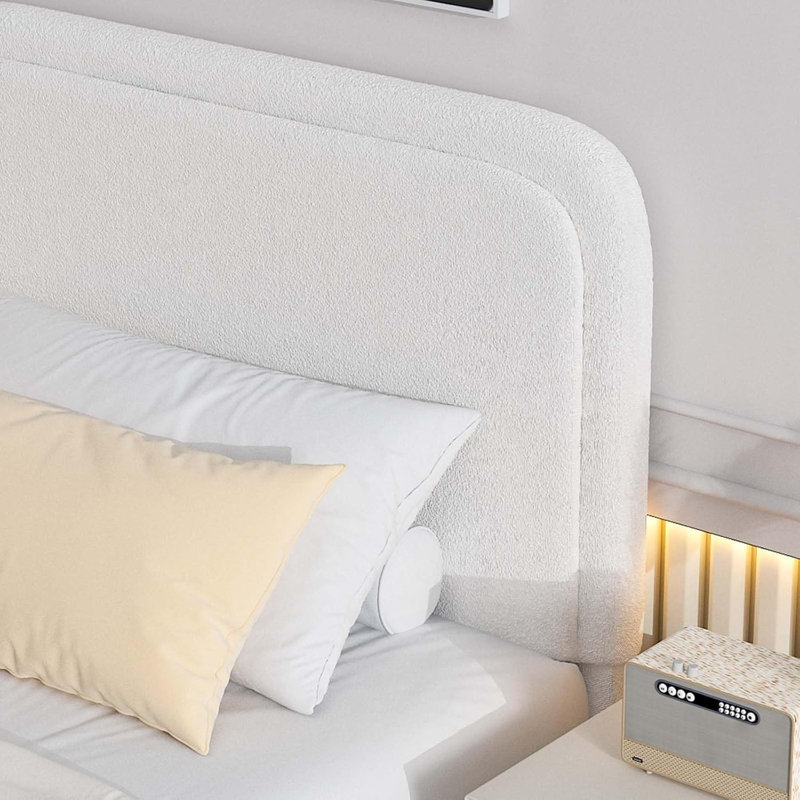 Full Size Cream Boucle Upholstered Platform Bed Frame with Headboard