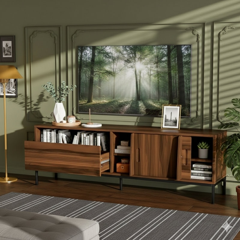 70.8-Inch Mid-Century Modern Media Console Table For The Living Room, Compatible With Tvs Up To 75 Inches. Features Storage Space, Sliding Doors, Adjustable Shelves, And A Metal Frame.