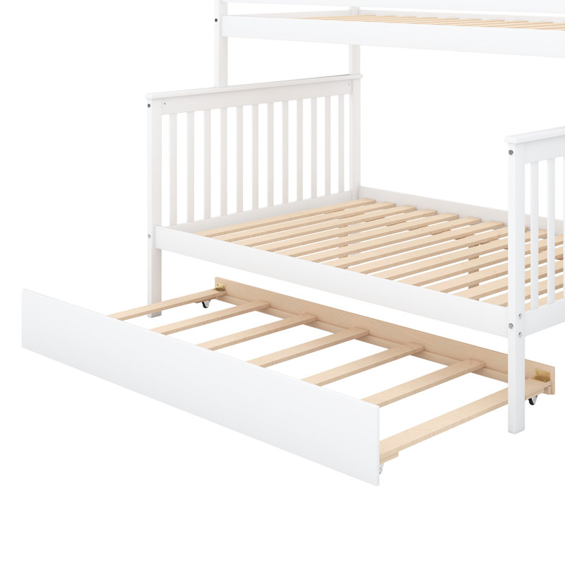 Lit simple superposé au-dessus d'un lit double avec lit gigogne et escalier blanc, Blanc