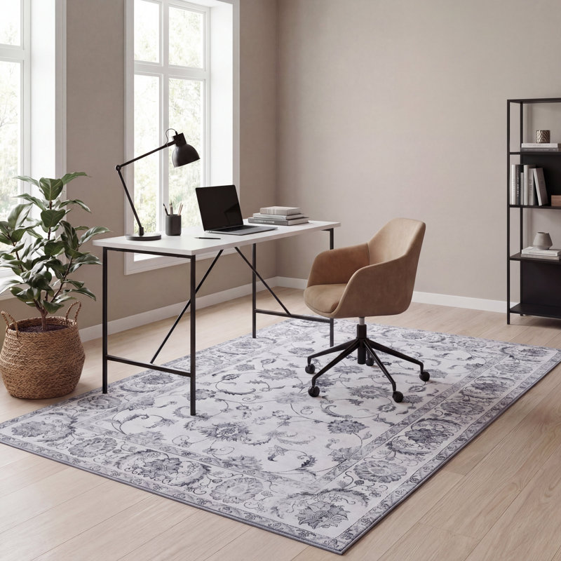Arabella Vintage Floral Border Machine-Washable Rug, Ivory/Gray, Rectangle 9' x 12'
