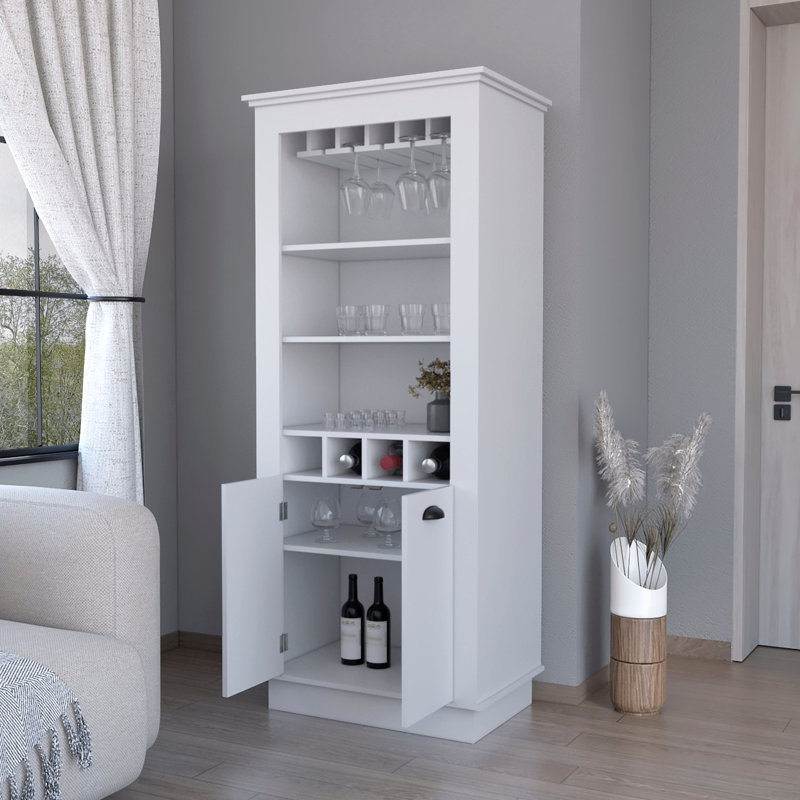 Elegant White Bar Cabinet With 4-built In Wine Rack And Display Area Storage Shelf Feature, White