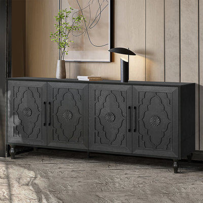 Wood Storage Cabinet with Carved Door and Metal Handle, Versatile and Stylish for Home Decor by R&M Furniture