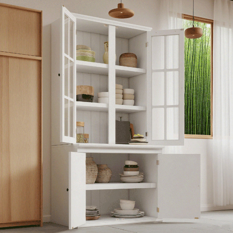 Freestanding Glass Door Pantry Cabinet, Cabinet With Lattice Windows, Suitable For Hallway, Living Room, Kitchen And Office, White