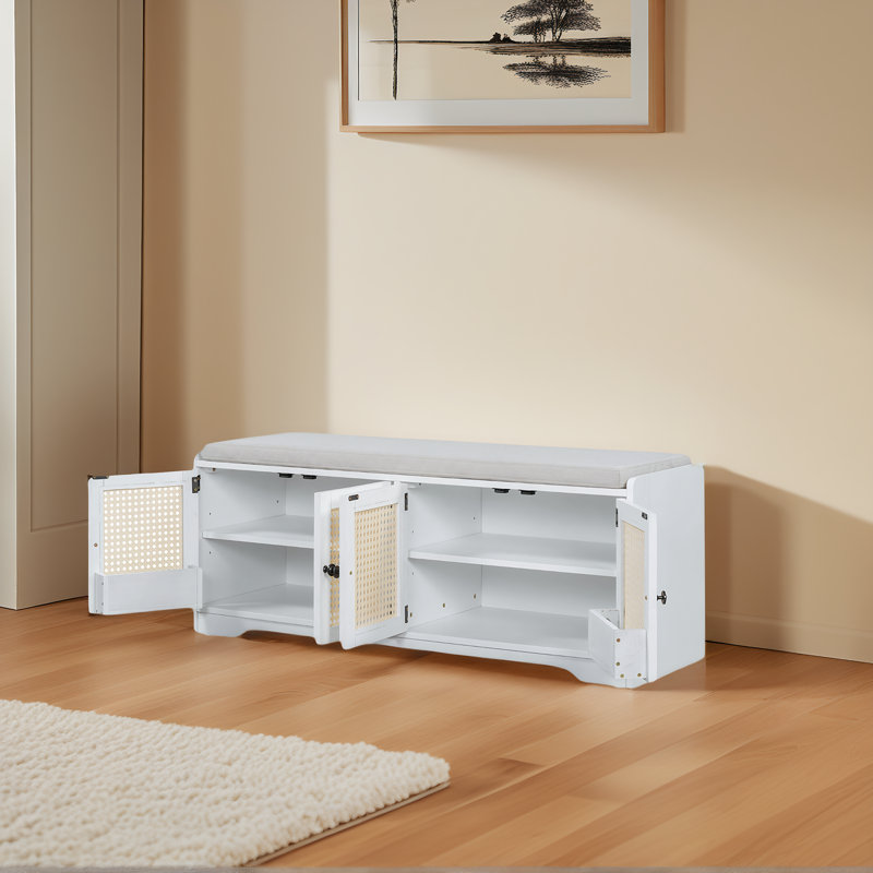 Banc de rangement pour chaussures avec coussin amovible et tablettes réglables, Blanc