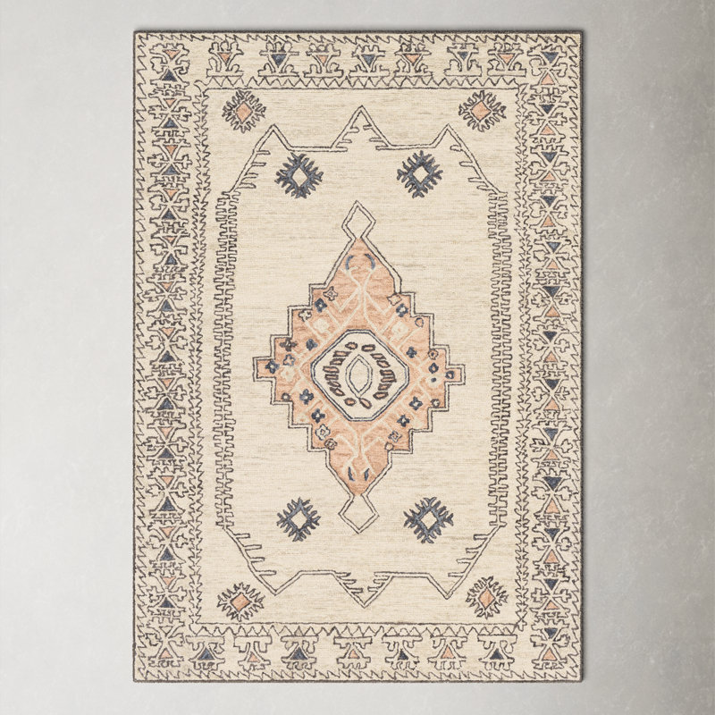 Moore Southwestern Hand Tufted Wool Peach/Dusty Pink/Ivory/Light Gray Area Rug, Rectangle 8'10" x 12'