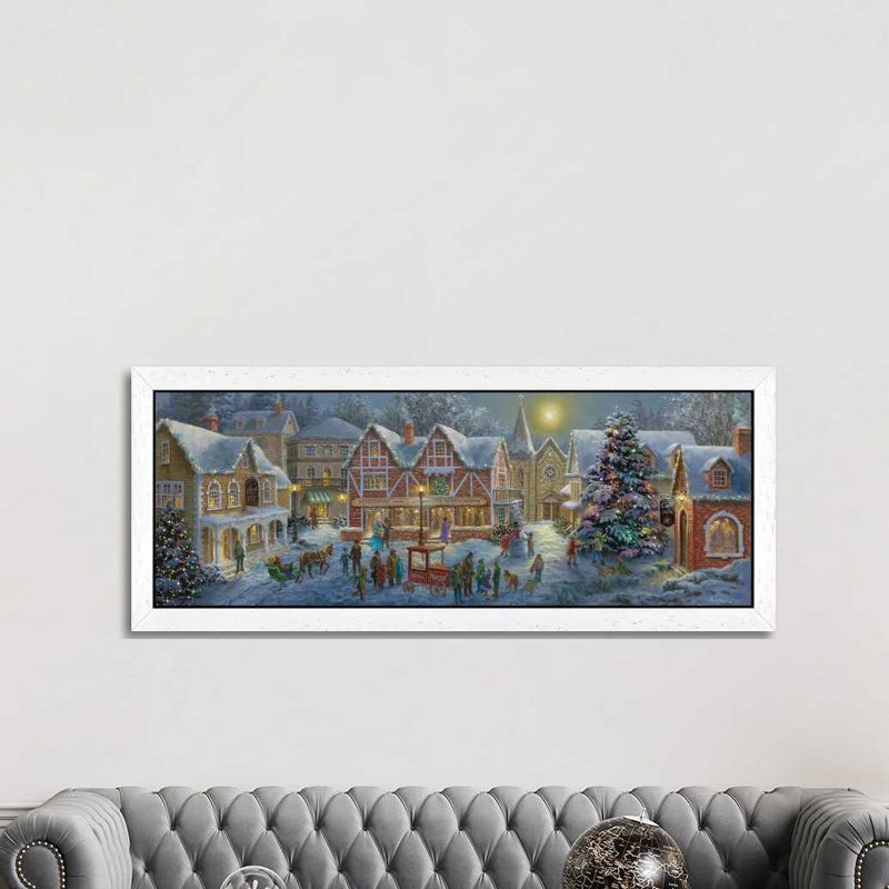 Christmas Village by Nicky Boehme - Panoramic Painting on Canvas, White Framed, 30.48 cm H x 91.44 cm W