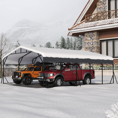 Abri d'auto en acier galvanisé robuste 13 x 26 pi - Garage en métal toutes saisons avec tiges de soutien renforcées, ancrages au sol résistants au vent, bandes d'étanchéité de toit imperméables, abri extérieur polyvalent pour voitures, camions, b