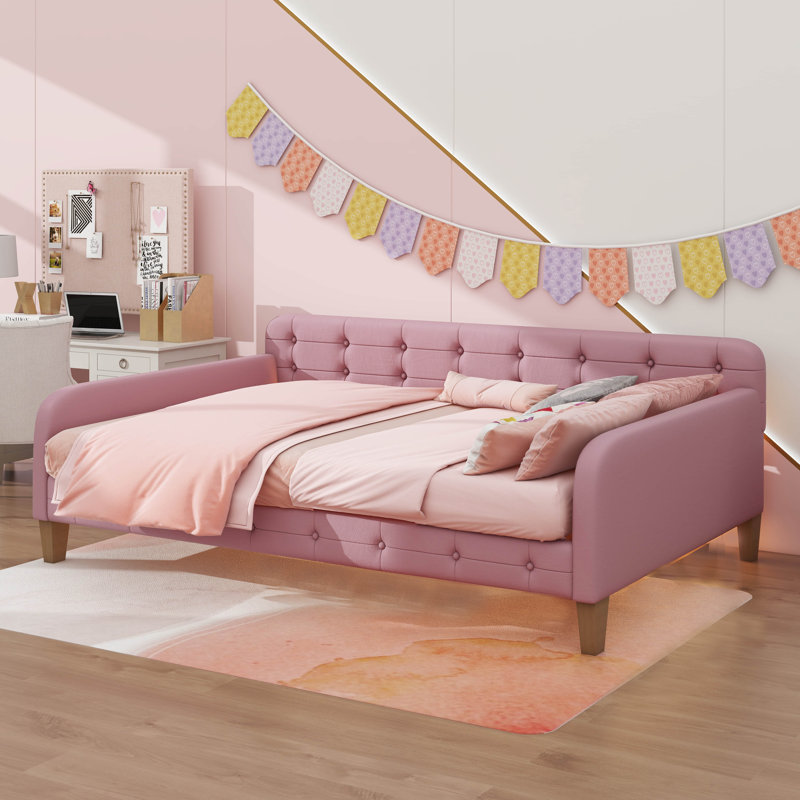 Lit de jour enveloppé dans un tissu d'ameublement et reposant sur des pieds robustes, Complet/Double, Rubine