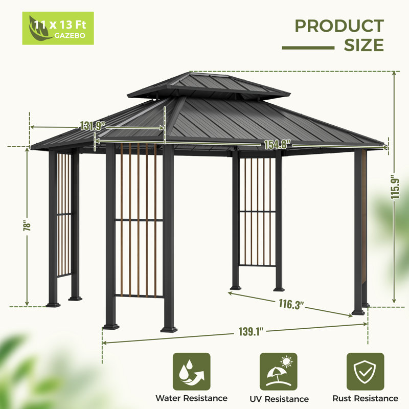 11 Ft. X 13 Ft. Gray Octagonal Gazebo With Double-Roofed Hardtop And Screen