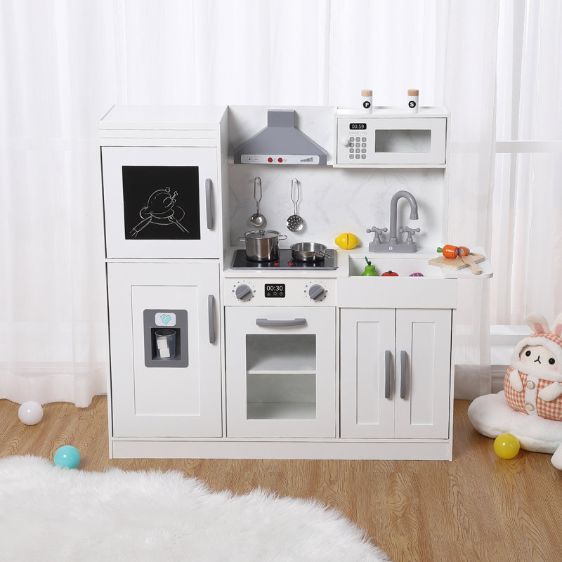 Wooden Play Kitchen for Kids with Cookware Playset,Lights & Sounds,20 Accessories and Ice Maker,Microwave,Oven,Range Hood,Sink