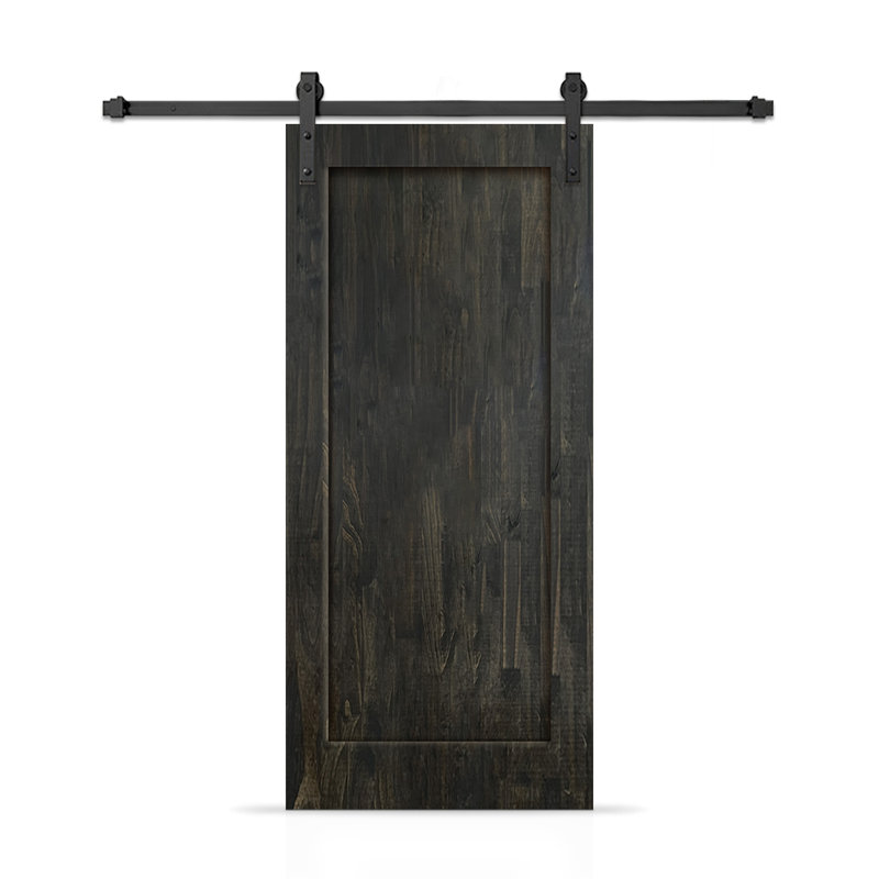 Porte de grange coulissante intérieure en bois de pin teinté 1 panneau avec ensemble de quincaillerie, Noir anthracite