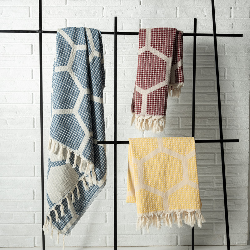 Yellow Honeycomb Pattern Turkish Cotton Throw Blanket with Tassels