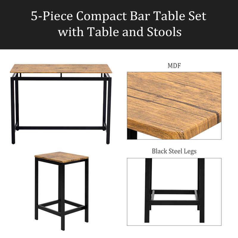 Ensemble de table de bar compacte 5 pièces avec table et tabourets - Design industriel moderne, mobilier peu encombrant pour salle à manger et coin-repas