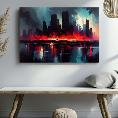 Wall Art Crimson Pulse Futuristic Cyberpunk Cityscape With Digital Heartbeat Wall Canvas Ready To Hang Gallery Wrapped Home Decor Decor
