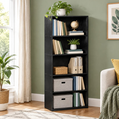 5 cubes arranged over 5 tiers make this black, 54-inch freestanding bookcase a versatile display organizer; the listed width is 23.6 inches.