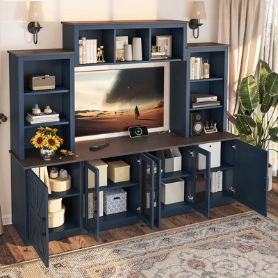 Meuble télé moderne avec station de charge et USB, grandes armoires de rangement et tablettes ouvertes polyvalentes pour accessoires multimédia