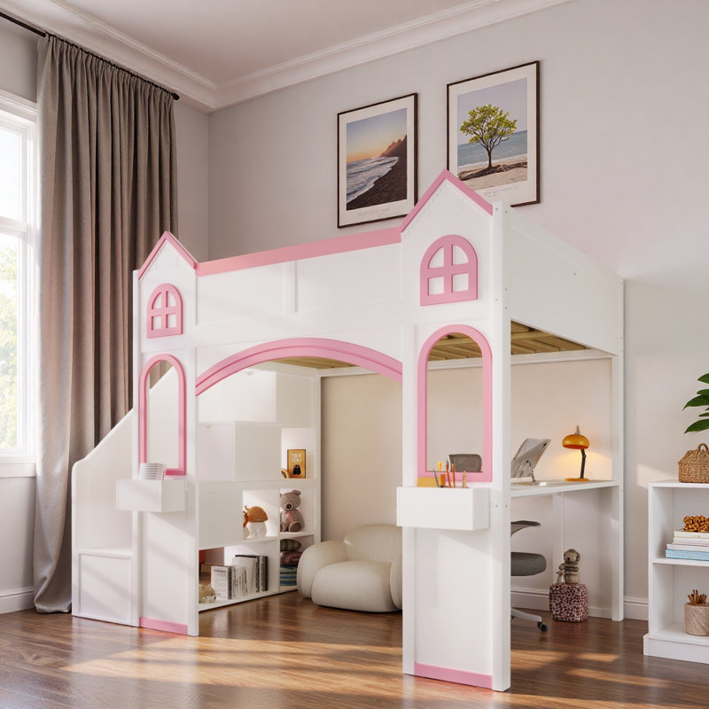 Lit mezzanine en bois avec escalier de rangement, bureau, tablettes et éclairage à DEL Wood Castle, Blanc