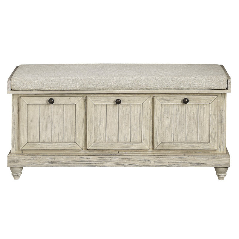 1Pc Durable Storage Bench White Finish Foam Cushioned Seat Beige Upholstery Flip-Top Seat Solid Wood Home Furniture
