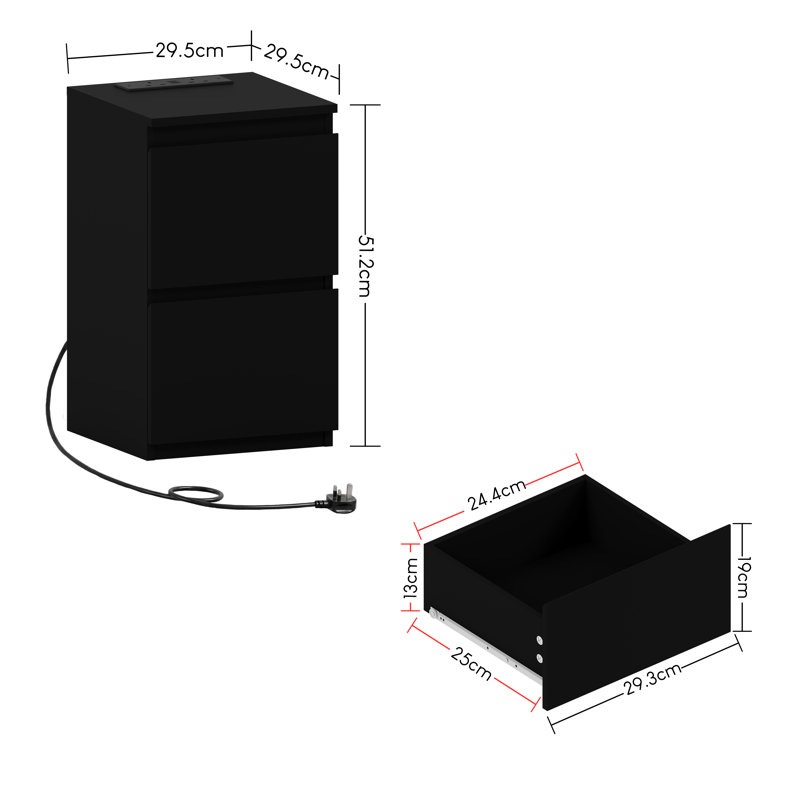2 Drawer Bedside Chest With Power Outlet Set of 2, Black