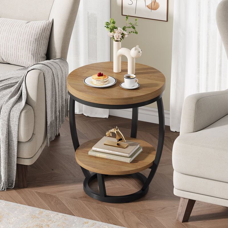 Round End Table with Storage Shelves, Space-Saving Side Table for Sofa or Bedside, Metal Frame with MDF Top, Small Accent Table for Living Room and Bedroom, Light  Brown & Black