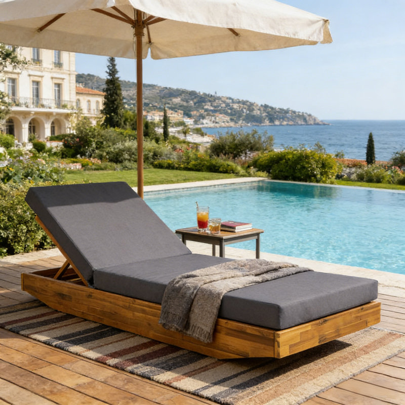 Chaises longues modernes en bois d'acacia avec coussins, finition teck