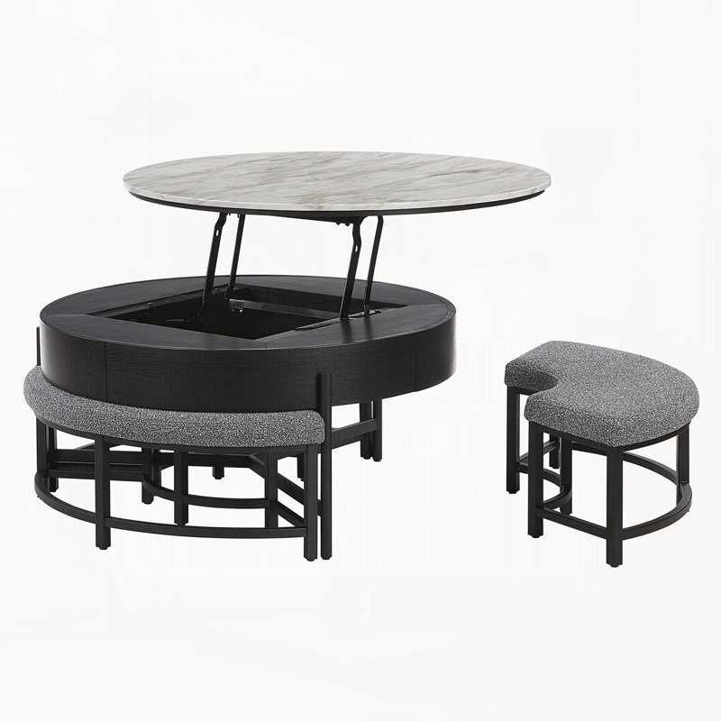 TABLE RONDE RANGÉE AVEC 3 TABOURETS INCLUS, Faux marbre / noir