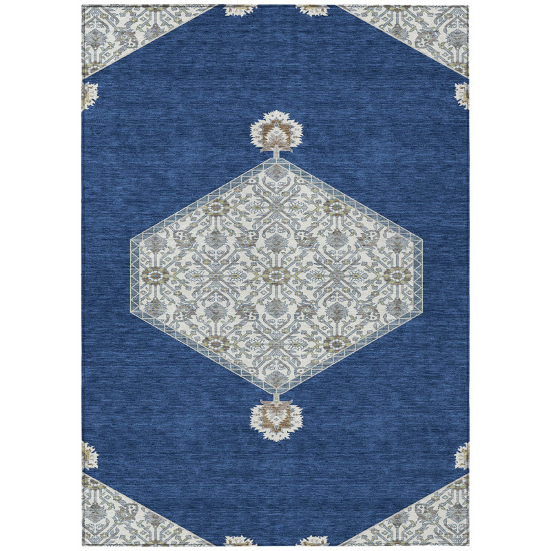 Navy and White Synthetic 5' x 7' Washable Rectangular Rug
