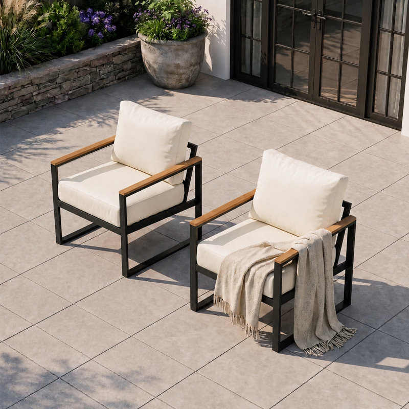 Ensemble de canapés d'extérieur 2 pièces avec assise profonde et structure en acier robuste, Beige