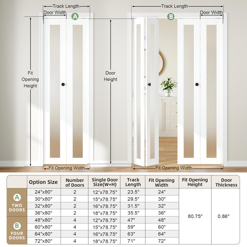 Porte pliante à 1 panneau en verre et en bois manufacturé avec trousse de quincaillerie d'installation, 4, 60 po x 80 po
