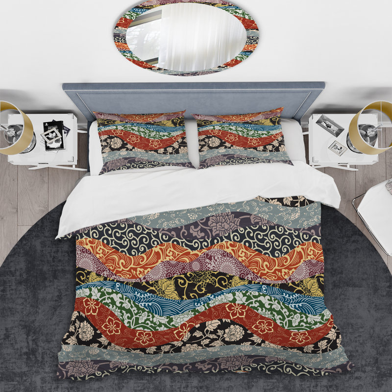 Ensemble de housse de couette multicolore Waves Patchwork, Housse de couette pour grand lit et 2 taies décor