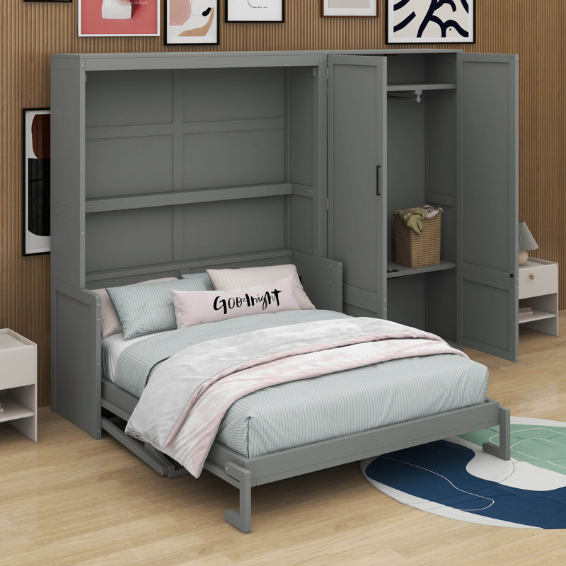 Grand lit escamotable avec placard, Gris