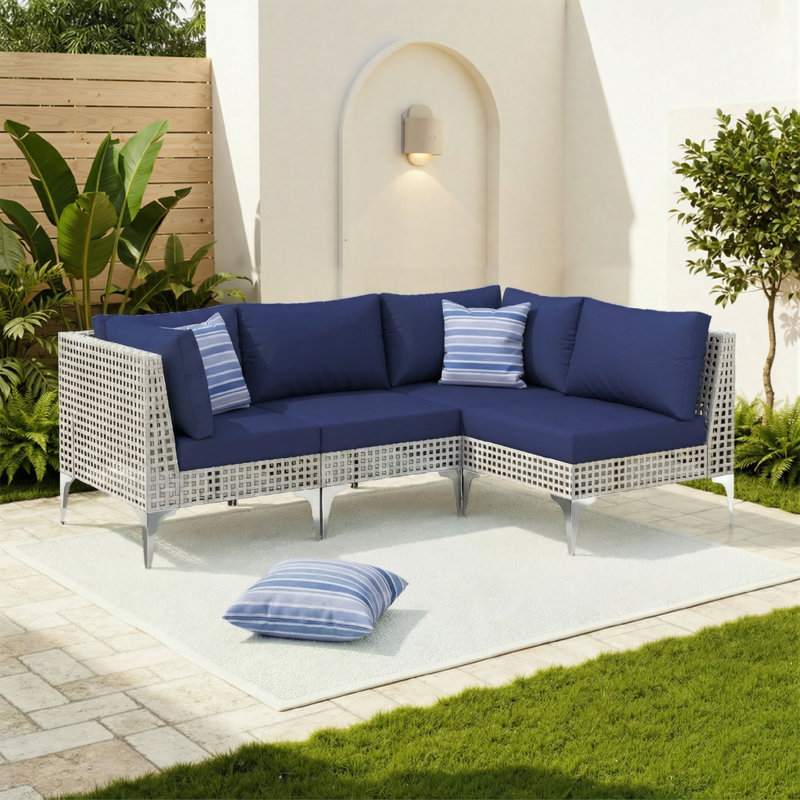 Outdoor Patio L-Shaped Sectional Conversation Set with Cushions, Modern Open-Weave Wicker Sofa Seating for Backyard, Garden & Deck