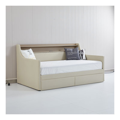 Twin Size Daybed With Trundle, Upholstered Daybed With Charging Station And LED Lights, by Everly Quinn