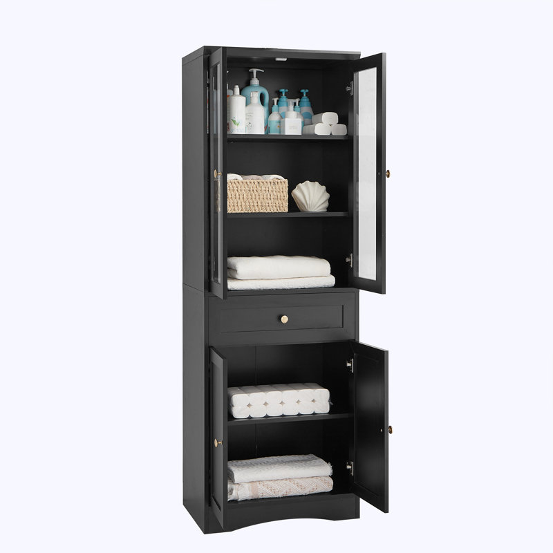 Armoire de rangement haute pour salle de bain, armoire avec quatre portes et tiroirs, tablette réglable