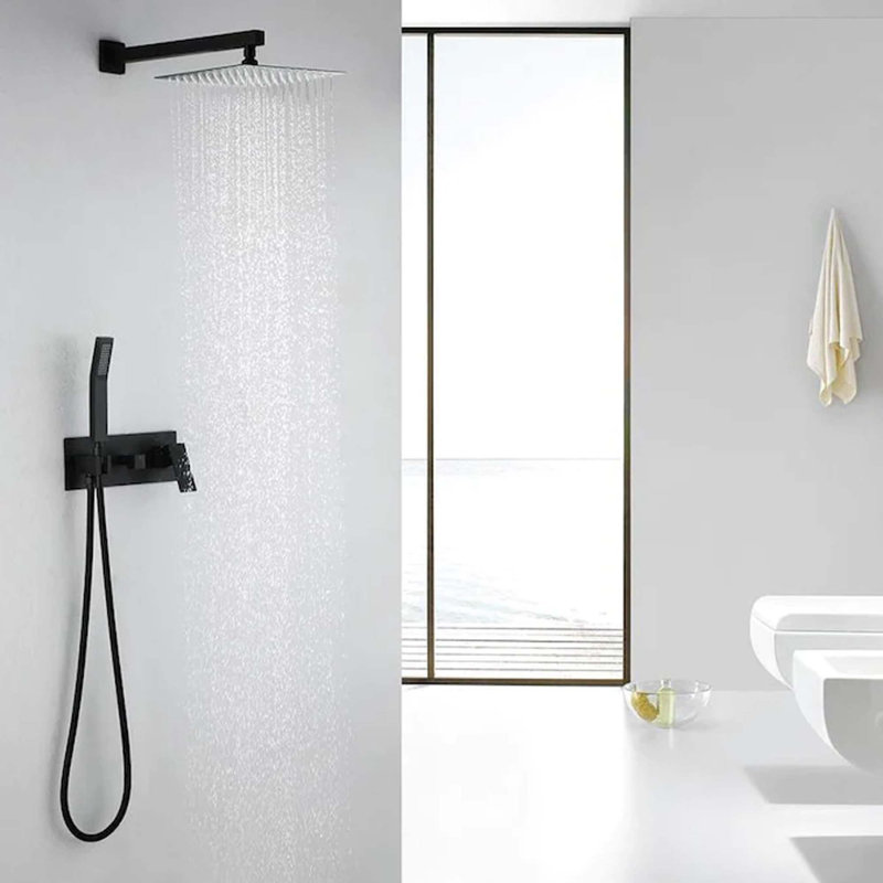 Brass Matte Black Shower Faucet System with 10" Rainfall Shower Head with Handheld Sprayer, Rough-in Valve Included