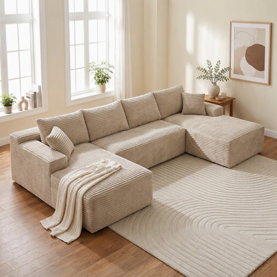 132.1" Compressible U-Shaped Sectional Sofa Set,Minimalist Style Modular Sectional Sofa, Corduroy Fabric Cloud Couch for Living Room