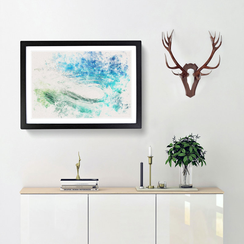 Within The Wave In Blue & Green Watercolour - Framed Print, Black, 35cm H x 50cm W x 2cm D