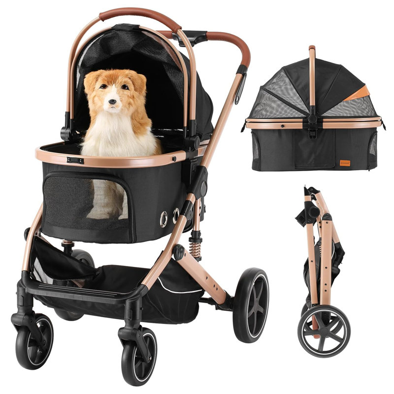 Pet Stroller, Folding Lightweight Cat & Dog Stroller With Detachable Carrier, NO-Zip 180° Reversible Canopy, All Terrain 4-Wheel, 45 Lbs Capacity For Small To Medium Dogs